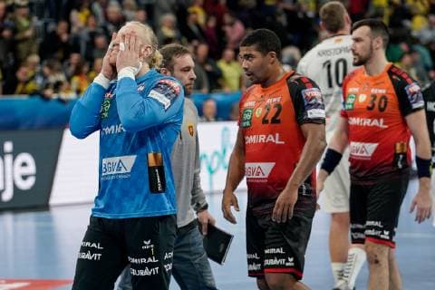 v left Mikael Alf Appelgren Goalkeeper RNL 1 Mads Mensah Larsen RNL 22 Gedeon Guardiola RNL 30 disappointed about the defeat disappointment after the final whistle highlight losers lost frustration disappointed pessimistic handball Champions League Rhein Neckar Löwen RK Vardar Skopje xozx