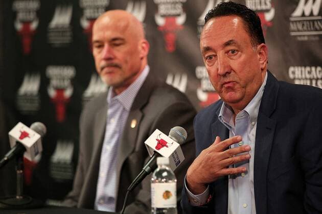 May 28, 2015 - Chicago, IL, USA - Chicago Bulls vice president of basketball operations John Paxson, left, and general manager Gar Forman at a news conference on May 28, 2015, at the United Center in Chicago. Phil Rosenthal: Bulls have become a team only an accountant could love - ZUMAm67_ 20150528_zaf_m67_097 Copyright: xAnthonyxSoufflex