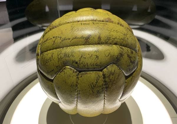 Original match ball of the final Wunder von Bern with the signatures of the world champion team in the exhibition of the German Football Museum in Dortmund 08 02 2019 German Football Museum in Dortmund DISCLAIMER DFL regulations prohibit any use of photographs as image sequences and or quasi video