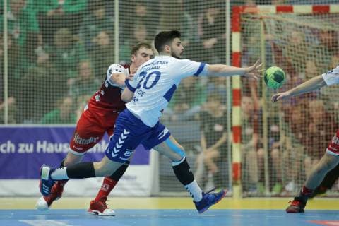 Tim Zechel Essen 96 blocks Jonas Hoenicke Dessau Rosslau 20 at the game TUSEM Essen vs. Dessau Rosslauer HV Handball 2 Bundesliga 08 02 2019 TUSEM Essen vs. Dessau Rosslauer HV Handball 2 Bundesliga 08 02 2019 Essen Copyright: xEIBNER MarioxHommesx EP_MHS