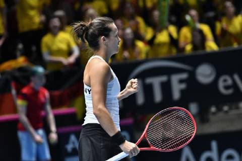 GER Fed Cup 2019 kick-off Germany vs. Belarus in Braunschweig 09 02 2019 Volkswagen Halle Braunschweig GER Fed Cup 2019 kick-off Germany vs. Belarus in Braunschweig Tatjana Maria GER Porsche Team Deutschland shows his fist nph Mauelshagen nph00321