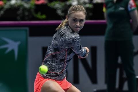 GER Fed Cup 2019 kick-off Germany vs Belarus in Braunschweig 09 02 2019 Volkswagen Halle Braunschweig GER Fed Cup 2019 kick-off Germany vs Belarus in Braunschweig Aliaksandra Sasnovich BLR at the backhand stroke nph Mauelshagen nph00321