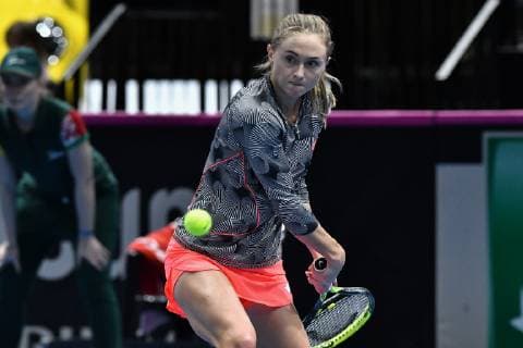 GER Fed Cup 2019 kick-off Germany vs Belarus in Braunschweig 09 02 2019 Volkswagen Halle Braunschweig GER Fed Cup 2019 kick-off Germany vs Belarus in Braunschweig Aliaksandra Sasnovich BLR at the backhand stroke nph Mauelshagen nph00321