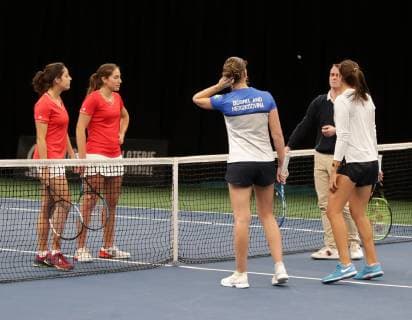TENNIS - ITF Fed Cup LUXEMBOURG,LUXEMBOURG,09.FEB.19 - Tennis - ITF Fed Cup, Bosnia and Herzegovina vs Portugal. Image shows Maria Ines Fonte, Francisca Jorge (POR), Anita Husaric and Nefisa Berberovic (BIH). GEPAxpictures xWalterxLuger
