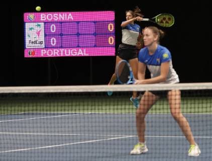 TENNIS - ITF Fed Cup LUXEMBOURG,LUXEMBOURG,09.FEB.19 - Tennis - ITF Fed Cup, Bosnia and Herzegovina vs Portugal. Image shows Nefisa Berberovic and Anita Husaric (BIH). GEPAxpictures xWalterxLuger