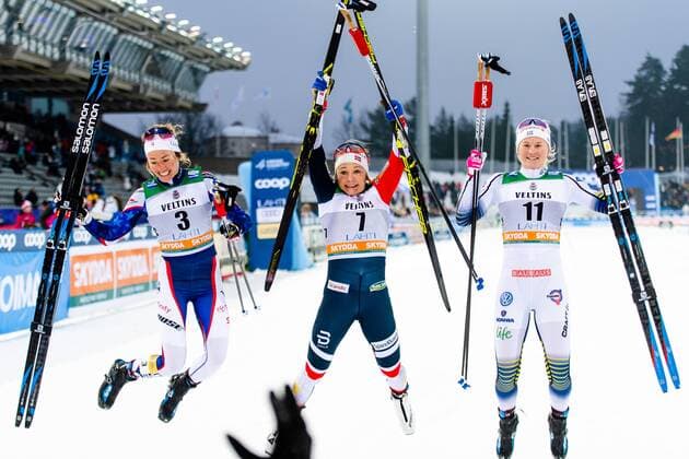 Sport Themen der Woche KW06 Sport Bilder des Tages 190209 Sophie Caldwell of USA, Maiken Caspersen Falla of Norway and Maja Dahlqvist of Sweden celebrates after the women s sprint quarter finale during the FIS Cross-Country World Cup on February 9, 2019 in Lahti. Photo: Johanna Lundberg BILDBYRN 135946 *** 190209 Sophie Caldwell of USA Maiken Caspersen Falla of Norway and Maja Dahlqvist of Sweden celebrates after the women s sprint quarter finale during the FIS Cross Country World Cup on February 9 2019 in Lahti Photo Johanna Lundberg BILDBYR u0081N 135946,  Copyright: JOHANNAxLUNDBERG BB190209BB391