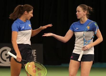 TENNIS - ITF Fed Cup LUXEMBOURG,LUXEMBOURG,09.FEB.19 - Tennis - ITF Fed Cup, Bosnia and Herzegovina vs Portugal. Image shows Nefisa Berberovic and Anita Husaric (BIH). GEPAxpictures xWalterxLuger