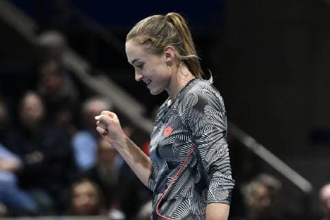 GER Fed Cup 2019 Germany vs Belarus in Braunschweig 09 02 2019 Volkswagen Halle Braunschweig GER Fed Cup 2019 Germany vs Belarus in Braunschweig Aliaksandra Sasnovich BLR Jubel Freude Emotion after her victory over Tatjana Maria GER Porsche Team Deutschland nph Mauelshagen nph00321