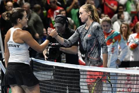 GER Fed Cup 2019 kick-off Germany vs Belarus in Braunschweig 09 02 2019 Volkswagen Halle Braunschweig GER Fed Cup 2019 kick-off Germany vs Belarus in Braunschweig Tatjana Maria GER Porsche Team Deutschland and Aliaksandra Sasnovich BLR shake hands after the game on the net nph Mauelshagen nph00321