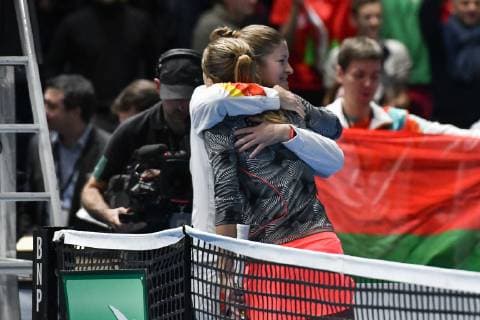 GER Fed Cup 2019 Germany vs Belarus in Braunschweig 09 02 2019 Volkswagen Halle Braunschweig GER Fed Cup 2019 Germany vs Belarus in Braunschweig Tatiana Poutchek Team captain Team captain BLR prints Aliaksandra Sasnovich BLR after her victory over Tatjana Maria GER Porsche Team Deutschland nph Mauelshagen nph00321
