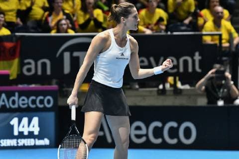 GER Fed Cup 2019 kick-off Germany vs Belarus in Braunschweig 09 02 2019 Volkswagen Halle Braunschweig GER Fed Cup 2019 kick-off Germany vs Belarus in Braunschweig Andrea Petkovic GER Porsche Team Deutschland Jubel Freude Emotion zeigt die Faust nph Mauelshagen nph00321