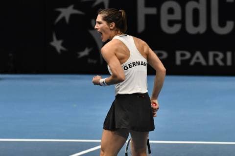 GER Fed Cup 2019 Kick-off Germany vs Belarus in Braunschweig 09 02 2019 Volkswagen Halle Braunschweig GER Fed Cup 2019 Kick-off Germany vs Belarus in Braunschweig Andrea Petkovic GER Porsche Team Germany Jubel Jubel Emotion is fighting and shows his fist nph Mauelshagen nph00321