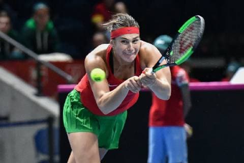 GER Fed Cup 2019 kick-off Germany vs Belarus in Braunschweig 09 02 2019 Volkswagen Halle Braunschweig GER Fed Cup 2019 kick-off Germany vs Belarus in Braunschweig in the picture Aryna Sabalenka BLR at the backhand stroke nph Mauelshagen nph00321