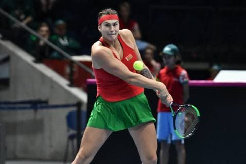 GER Fed Cup 2019 kick-off Germany vs Belarus in Braunschweig 09 02 2019 Volkswagen Halle Braunschweig GER Fed Cup 2019 kick-off Germany vs Belarus in Braunschweig in the picture Aryna Sabalenka BLR at the backhand stroke nph Mauelshagen nph00321