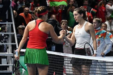 GER Fed Cup 2019 kick-off Germany vs Belarus in Braunschweig 09 02 2019 Volkswagen Halle Braunschweig GER Fed Cup 2019 kick-off Germany vs Belarus in Braunschweig in picture Aryna Sabalenka BLR Andrea Petkovic GER Porsche Team Deutschland shake hands after the game at net nph Mauelshagen nph00321