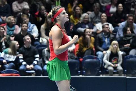 GER Fed Cup 2019 kick-off Germany vs Belarus in Braunschweig 09 02 2019 Volkswagen Halle Braunschweig GER Fed Cup 2019 kick-off Germany vs Belarus in Braunschweig Aryna Sabalenka BLR jubilation joy emotion shows fist after her victory against Andrea Petkovic GER Porsche Team Deutschland nph Mauelshagen nph00321