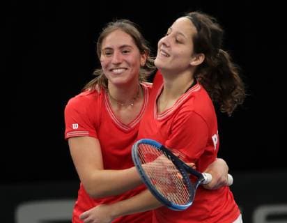 TENNIS - ITF Fed Cup LUXEMBOURG,LUXEMBOURG,09.FEB.19 - Tennis - ITF Fed Cup, Bosnia and Herzegovina vs Portugal. Image shows the rejoicing of Francisca Jorge and Maria Ines Fonte (POR). GEPAxpictures xWalterxLuger