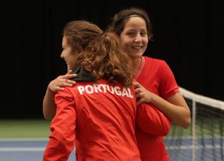 TENNIS - ITF Fed Cup LUXEMBOURG,LUXEMBOURG,09.FEB.19 - Tennis - ITF Fed Cup, Bosnia and Herzegovina vs Portugal. Image shows the rejoicing of Ana Filipa Santos and Maria Ines Fonte (POR). GEPAxpictures xWalterxLuger