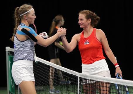 TENNIS - ITF Fed Cup LUXEMBOURG,LUXEMBOURG,09.FEB.19 - Tennis - ITF Fed Cup, Austria vs Israel. Image shows Lina Glushko (ISR) and Melanie Klaffner (AUT). GEPAxpictures xWalterxLuger