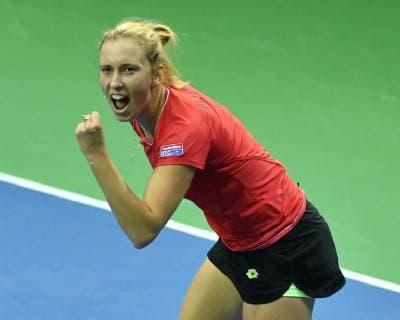 Belgian Elise Mertens reacts at a tennis match between Belgian Elise Mertens and French Alize Cornet, the second rubber of the Fed Cup tennis meeting between Belgium and France, the quarter-finals of the World Group, Saturday 09 February 2019 in Liege. BENOITxDOPPAGNE  x05527220x