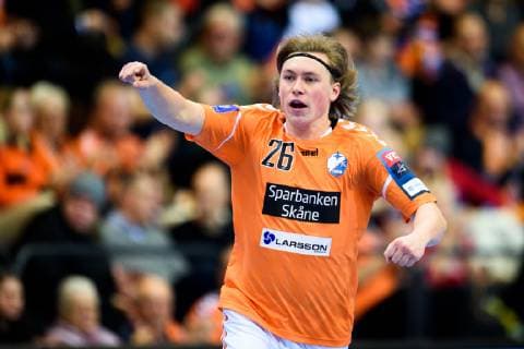190209 Kristianstads Valter Chrintz rejoices during the handball match in Champions League between Kristianstad and Kielce on February 9, 2019 in Kristianstad,  Copyright: AvdoxBilkanovic BB190209AB105