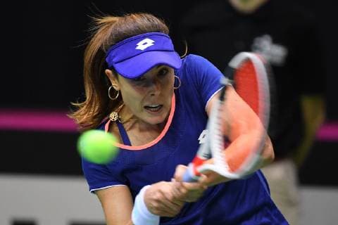 LIEGE, BELGIUM - FEBRUARY 9 : Elise MERTENS (BEL) vs Alize CORNET (FRA) pictured during the World Group First Round Fed Cup Game between Belgium and France on February 09, 2019 in Liege, Belgium, 9 02 2019 TENNIS : France vs Belgique - Fed Cup - 09 02 2019 PHOTONEWS PANORAMIC 