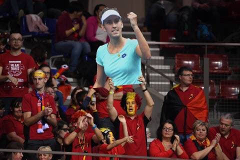 LIEGE, BELGIUM - FEBRUARY 9 : Elise MERTENS (BEL) vs Alize CORNET (FRA) pictured during the World Group First Round Fed Cup Game between Belgium and France on February 09, 2019 in Liege, Belgium, 9 02 2019 ( Photo by Vincent Kalut Photonews TENNIS : France vs Belgique - Fed Cup - 09 02 2019 PHOTONEWS PANORAMIC 
