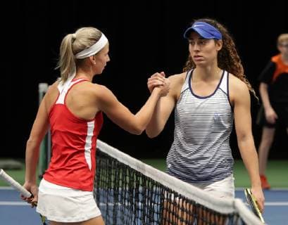 TENNIS - ITF Fed Cup LUXEMBOURG,LUXEMBOURG,09.FEB.19 - Tennis - ITF Fed Cup, Austria vs Israel. Image shows Barbara Haas (AUT) and Maya Tahan (ISR). GEPAxpictures xWalterxLuger