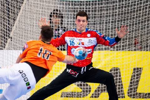 190209 Kristianstad Marc Canellas and Kielce Malvakt Filip Ivic during the handball match in the Champions League between Kristianstad and Kielce on February 9, 2019 in Kristianstad,  Copyright: AvdoxBilkanovic BB190209AB126