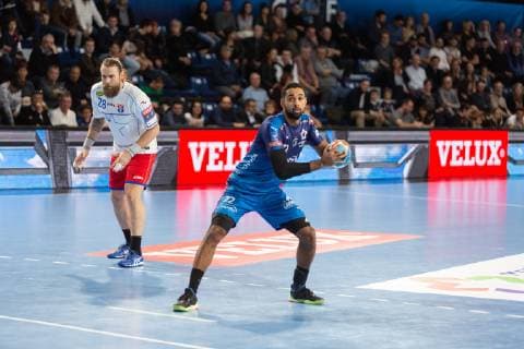 match de ehf champions league entre le Montpellier Handball (mhb) et Meshkov Brest. RICHARDSON Melvyn Right Back HANDBALL : Montpellier vs Meshkov brest - Velux ehf champions league - 09 02 2019 GuillaumeBRESSON Panoramic 