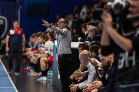 match de ehf champions league entre le Montpellier Handball (mhb) et Meshkov Brest. CANAYER Patrice Head Coach HANDBALL : Montpellier vs Meshkov brest - Velux ehf champions league - 09 02 2019 GuillaumeBRESSON Panoramic 