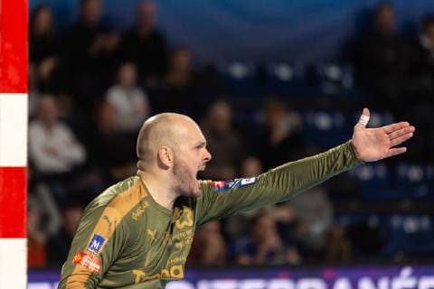 match de ehf champions league entre le Montpellier Handball (mhb) et Meshkov Brest. GERARD Vincent Goalkeeper HANDBALL : Montpellier vs Meshkov brest - Velux ehf champions league - 09 02 2019 GuillaumeBRESSON Panoramic 