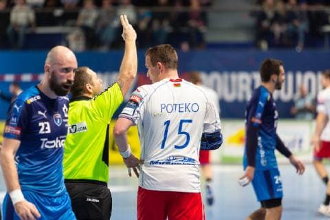 match de ehf champions league entre le Montpellier Handball (mhb) et Meshkov Brest. Vid Poteko HANDBALL : Montpellier vs Meshkov brest - Velux ehf champions league - 09 02 2019 GuillaumeBRESSON Panoramic 