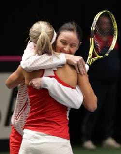 TENNIS - ITF Fed Cup LUXEMBOURG,LUXEMBOURG,09.FEB.19 - Tennis - ITF Fed Cup, Austria vs Israel. Image shows the rejoicing of captain Marion Maruska and Barbara Haas (AUT). GEPAxpictures xWalterxLuger