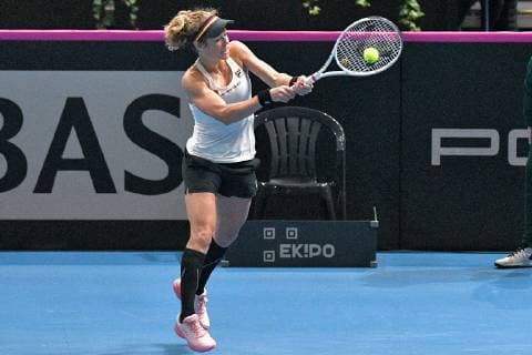 GER Fed Cup 2019 kick-off Germany vs Belarus in Braunschweig 10 02 2019 Volkswagen Halle Braunschweig GER Fed Cup 2019 kick-off Germany vs Belarus in Braunschweig in the picture Laura Siegemund GER Porsche Team Germany in the backhand against Aryna Sabalenka BLR nph Mauelshagen nph00321