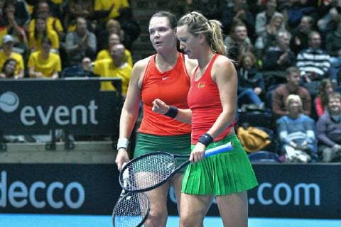 GER Fed Cup 2019 kick-off Germany vs Belarus in Braunschweig 10 02 2019 Volkswagen Halle Braunschweig GER Fed Cup 2019 kick-off Germany vs Belarus in Braunschweig pictured Victoria Azarenka BLR Lidziya Marozava BLR in the match agreement against Mona Barthel GER Porsche Team Germany Anna Lena GroÌˆnefeld GER Porsche Team Germany nph Mauelshagen nph00321