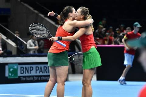GER Fed Cup 2019 Germany vs Belarus in Braunschweig 10 02 2019 Volkswagen Halle Braunschweig GER Fed Cup 2019 Germany vs Belarus in Braunschweig in the picture Lidziya Marozava BLR Victoria Azarenka BLR Jubel Jubel Freude nach ihren Sieg gegen Mona Barthel GER Porsche Team Deutschland Anna Lena GroÌˆnefeld GER Porsche Team Deutschland nph Mauelshagen nph00321