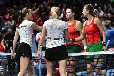 GER Fed Cup 2019 kick-off Germany vs Belarus in Braunschweig 10 02 2019 Volkswagen Halle Braunschweig GER Fed Cup 2019 kick-off Germany vs Belarus in Braunschweig in the picture vl Mona Barthel GER Porsche Team Deutschland Anna Lena GroÌˆnefeld GER Porsche Team Deutschland Lidziya Marozava BLR Victoria Azarenka BLR at net after end of game nph Mauelshagen nph00321