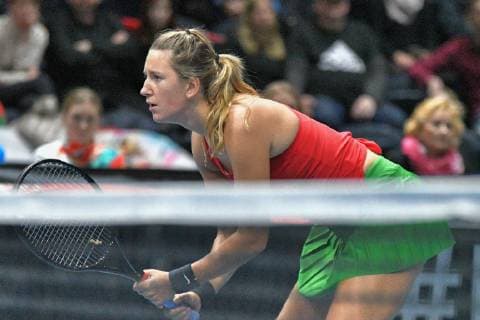 GER Fed Cup 2019 kick-off Germany vs Belarus in Braunschweig 10 02 2019 Volkswagen Halle Braunschweig GER Fed Cup 2019 kick-off Germany vs Belarus in Braunschweig in picture Victoria Azarenka BLR in waiting position at return nph Mauelshagen nph00321