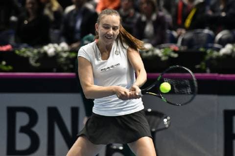 GER Fed Cup 2019 kick-off Germany vs Belarus in Braunschweig 10 02 2019 Volkswagen Halle Braunschweig GER Fed Cup 2019 kick-off Germany vs Belarus in Braunschweig in the picture Mona Barthel GER Porsche Team Germany at the backhand stroke nph Mauelshagen nph00321