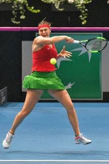 GER Fed Cup 2019 kick-off Germany vs Belarus in Braunschweig 10 02 2019 Volkswagen Halle Braunschweig GER Fed Cup 2019 kick-off Germany vs Belarus in Braunschweig in the picture Aryna Sabalenka BLR at the forehand stroke in the game against Laura Siegemund GER Porsche Team Deutschland nph Mauelshagen nph00321