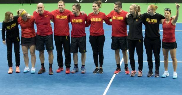 Belgian players greet their fans after a doubles tennis match of Belgians Ysaline Bonaventure and Kirsten Flipkens versus French Fiona Ferro and Pauline Parmentier, the fifth and final rubber of the Fed Cup tennis meeting between Belgium and France, the quarter-finals of the World Group, Sunday 10 February 2019 in Liege. BENOITxDOPPAGNE  x05528213x