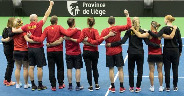 Belgian players greet their fans after a doubles tennis match of Belgians Ysaline Bonaventure and Kirsten Flipkens versus French Fiona Ferro and Pauline Parmentier, the fifth and final rubber of the Fed Cup tennis meeting between Belgium and France, the quarter-finals of the World Group, Sunday 10 February 2019 in Liege. BENOITxDOPPAGNE  x05528215x