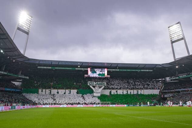 The fans of the SV Werder Bremen show a choreography for the 120th anniversary of the club banner giant spell flags choreography of the spectators fans audience spectators atmosphere stadium symbol picture football soccer THE DFL DIRECTIVES SUBJECT ANY USE OF PHOTOGRAPHS AS IMAGE SEQUENCES AND OR QUASI VIDEO Soccer Bundesliga SV Werder Bremen FC Augsburg xobx