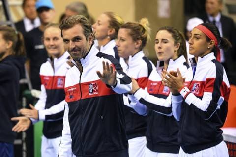 LIEGE, BELGIUM - FEBRUARY 10 : Julien BENNETEAU captain of France, Caroline GARCIA, Alize CORNET, Pauline PARMENTIER, Kristina MLADENOVIC, Fiona FERRO pictured during the World Group First Round Fed Cup Game between Belgium and France on February 10, 2019 in Liege, Belgium, 10 02 2019 TENNIS : France vs Belgique - Fed Cup - 10 02 2019 PHOTONEWS PANORAMIC 