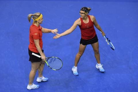 LIEGE, BELGIUM - FEBRUARY 10 : Ysaline BONAVENTURE (BEL) and Kirsten FLIPKENS (BEL) vs Fiona FERRO (FRA) and Pauline PARMENTIER (FRA) pictured during the World Group First Round Fed Cup Game between Belgium and France on February 10, 2019 in Liege, Belgium, 10 02 2019 TENNIS : France vs Belgique - Fed Cup - 10 02 2019 PHOTONEWS PANORAMIC 