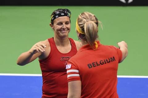LIEGE, BELGIUM - FEBRUARY 10 : Ysaline BONAVENTURE (BEL) and Kirsten FLIPKENS (BEL) vs Fiona FERRO (FRA) and Pauline PARMENTIER (FRA) pictured during the World Group First Round Fed Cup Game between Belgium and France on February 10, 2019 in Liege, Belgium, 10 02 2019 TENNIS : France vs Belgique - Fed Cup - 10 02 2019 PHOTONEWS PANORAMIC 