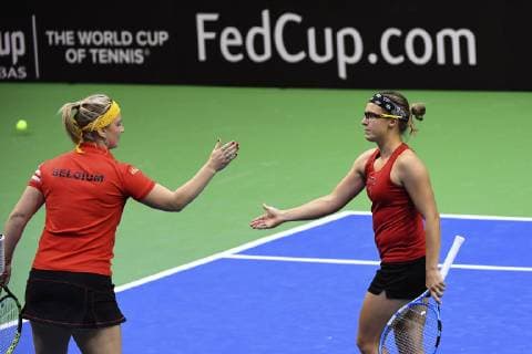 LIEGE, BELGIUM - FEBRUARY 10 : Ysaline BONAVENTURE (BEL) and Kirsten FLIPKENS (BEL) vs Fiona FERRO (FRA) and Pauline PARMENTIER (FRA) pictured during the World Group First Round Fed Cup Game between Belgium and France on February 10, 2019 in Liege, Belgium, 10 02 2019 TENNIS : France vs Belgique - Fed Cup - 10 02 2019 PHOTONEWS PANORAMIC 