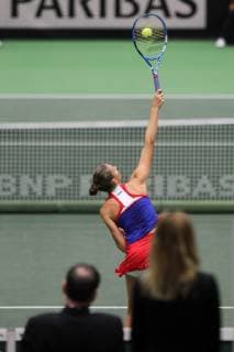 Karolina Pliskova of the Czech Republic in action during the first match against Romanian tennis player Simona Halep during the Fed Cup World Group, 1st Round, between Czech Republic and Romania, in Ostrava, Czech Republic, on February 10, 2019. (CTKxPhoto PetrxSznapka) CTKPhotoP201902100372701  SZN 19