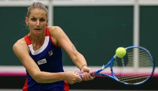 Karolina Pliskova of the Czech Republic in action during the match against Romanian tennis player Simona Halep during the Fed Cup World Group, 1st Round, between Czech Republic and Romania, in Ostrava, Czech Republic, on February 10, 2019. (CTKxPhoto VladimirxPrycek) CTKPhotoP201902100388601  PRY 10